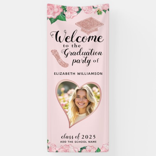 Bloemen Blush Roze Afstuderen Welkom Spandoek (Verticaal)