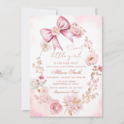 Bloemen Blush Roze Bow Baby shower Uitnodiging (Voorkant)