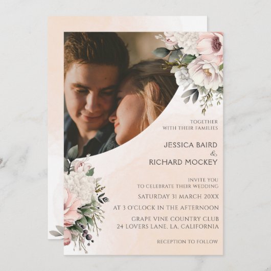 Bloemen Blush Roze Bruiloft Foto Uitnodiging (Voorkant / Achterkant)