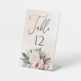 Bloemen Blush Roze Bruiloft Tafel Nummer Reclamebord Met Voetstuk
