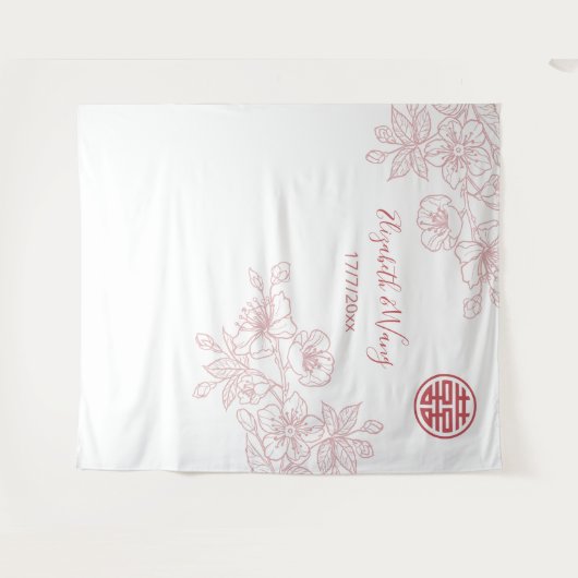 Bloemen Blush Roze Chinees Bruiloft Achtergrond Wandkleed (Voorkant (horizontaal))