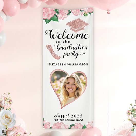 Bloemen Blush Roze en Wit Afstuderen Welkom Spandoek