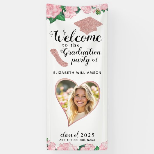 Bloemen Blush Roze en Wit Afstuderen Welkom Spandoek (Verticaal)