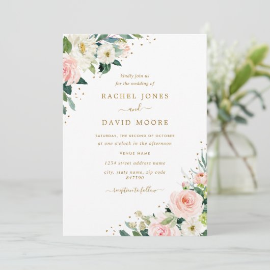 Bloemen Blush Roze Goud bruiloft uitnodiging (Staand voorkant)