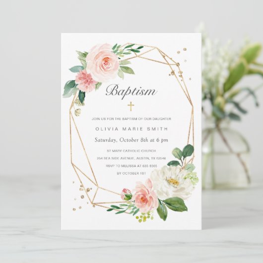 Bloemen Blush Roze Goud Doop Uitnodiging voor Meis (Staand voorkant)