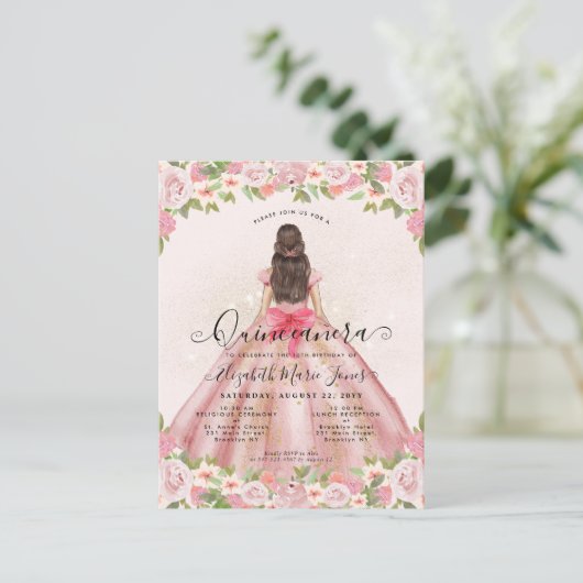 Bloemen Blush Roze Goud Glam Prinses Quinceanera Briefkaart (Staand voorkant)