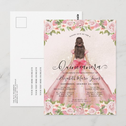 Bloemen Blush Roze Goud Glam Prinses Quinceanera Briefkaart (Voorkant / Achterkant)