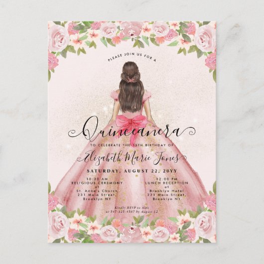 Bloemen Blush Roze Goud Glam Prinses Quinceanera Briefkaart (Voorkant)