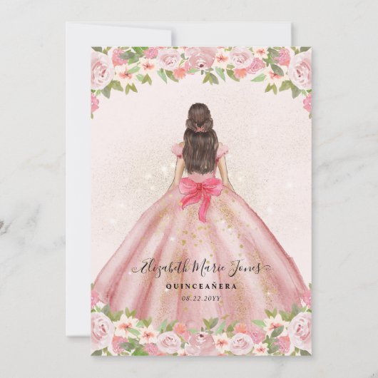 Bloemen Blush Roze Goud Glam Prinses Quinceanera Kaart (Achterkant)