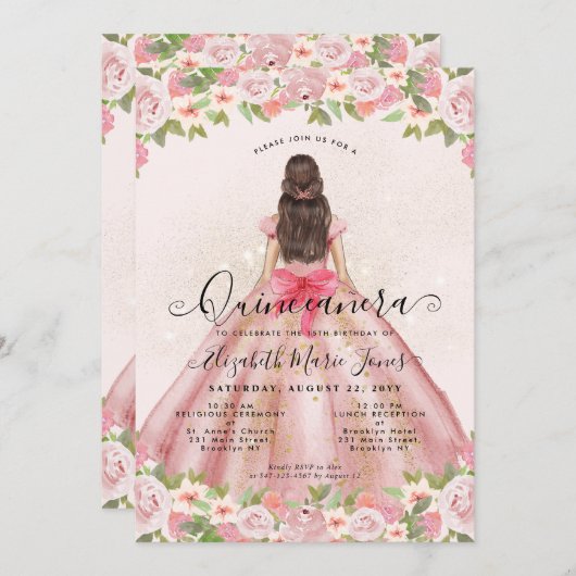 Bloemen Blush Roze Goud Glam Prinses Quinceanera Kaart (Voorkant / Achterkant)