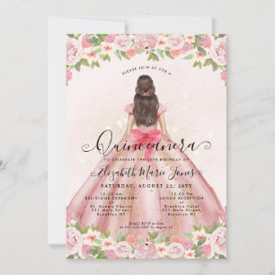 Bloemen Blush Roze Goud Glam Prinses Quinceanera Kaart
