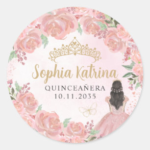 Bloemen Blush Roze Goud Quinceanera Verjaardagsgun Ronde Sticker