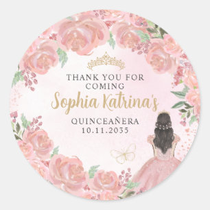 Bloemen Blush Roze Goud Quinceanera Verjaardagsgun Ronde Sticker