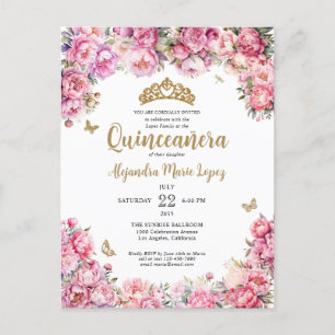 Bloemen Blush Roze Gouden Glitter Tiara Quinceañer Briefkaart