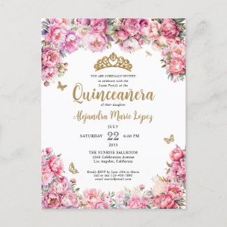 Bloemen Blush Roze Gouden Glitter Tiara Quinceañer Briefkaart