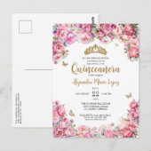 Bloemen Blush Roze Gouden Glitter Tiara Quinceañer Briefkaart (Voorkant / Achterkant)