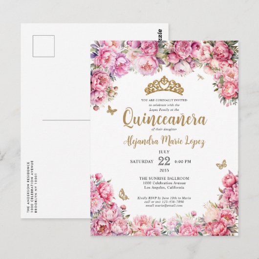 Bloemen Blush Roze Gouden Glitter Tiara Quinceañer Briefkaart (Voorkant / Achterkant)
