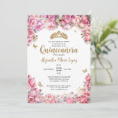 Bloemen Blush Roze Gouden Glitter Tiara Quinceañer Kaart (Staand voorkant)