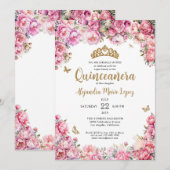 Bloemen Blush Roze Gouden Glitter Tiara Quinceañer Kaart (Voorkant / Achterkant)