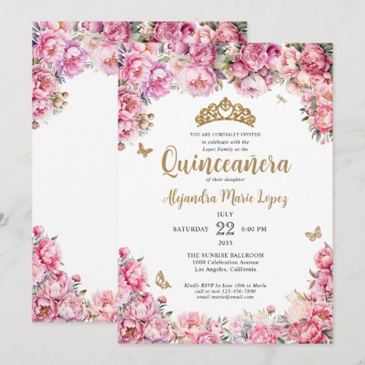 Bloemen Blush Roze Gouden Glitter Tiara Quinceañer Kaart (Voorkant / Achterkant)