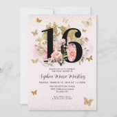 Bloemen Blush Roze Gouden Glitter Vlinder Zoet 16 Kaart (Voorkant)