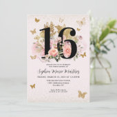 Bloemen Blush Roze Gouden Glitter Vlinder Zoet 16 Kaart (Staand voorkant)