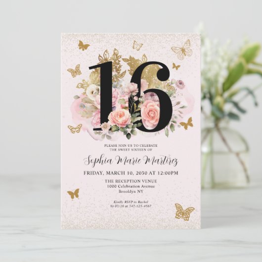 Bloemen Blush Roze Gouden Glitter Vlinder Zoet 16 Kaart (Staand voorkant)