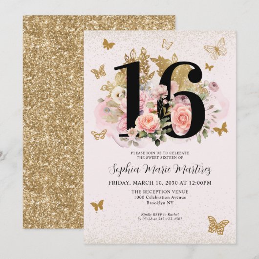 Bloemen Blush Roze Gouden Glitter Vlinder Zoet 16 Kaart (Voorkant / Achterkant)