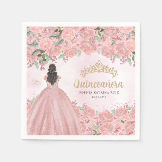 Bloemen Blush Roze Gouden Jurk Prinses Quinceanera Servet (Voorkant)