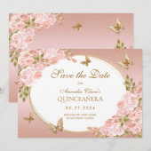 Bloemen Blush Roze Gouden Vlinder Quinceanera Aankondiging (Voorkant / Achterkant)