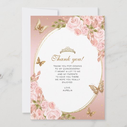 Bloemen Blush Roze Gouden Vlinder Quinceañera Foto Bedankkaart (Voorkant)
