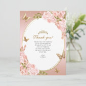 Bloemen Blush Roze Gouden Vlinder Quinceañera Foto Bedankkaart (Staand voorkant)