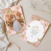 Bloemen Blush Roze Gouden Vlinder Quinceañera Foto Bedankkaart