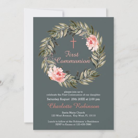 Bloemen Blush Roze Grijs Communie Uitnodigen Bedankkaart (Voorkant)