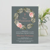 Bloemen Blush Roze Grijs Communie Uitnodigen Bedankkaart (Staand voorkant)
