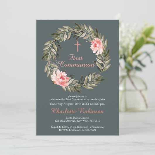 Bloemen Blush Roze Grijs Communie Uitnodigen Bedankkaart (Staand voorkant)