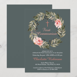 Bloemen Blush Roze Grijs Communie Uitnodigen Bedankkaart