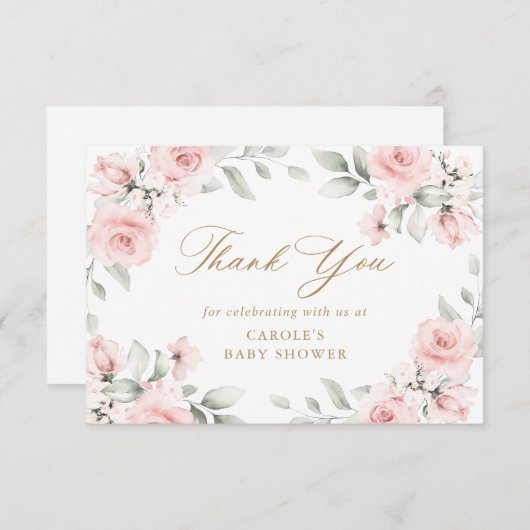 Bloemen Blush Roze Groen Goud Baby shower Bedankkaart (Voorkant / Achterkant)