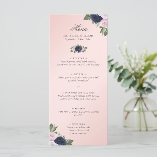 Bloemen Blush Roze Marine Blauw Huwelijk Menu (Staand voorkant)
