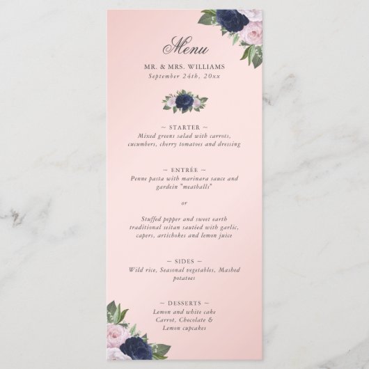Bloemen Blush Roze Marine Blauw Huwelijk Menu (Voorkant)