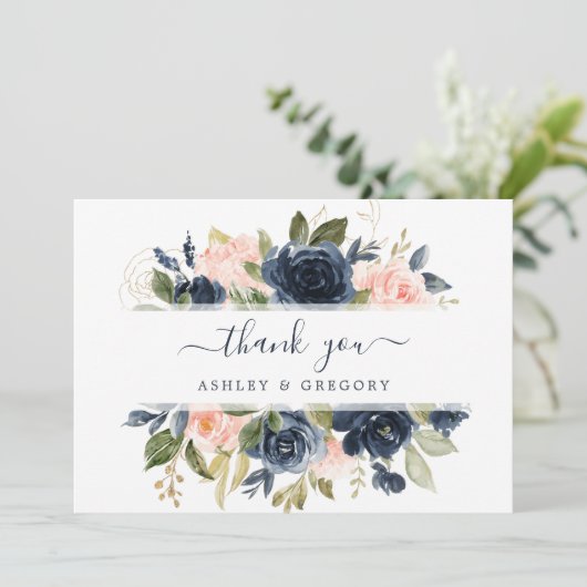 Bloemen Blush Roze & Navy Lijst Elegant Bedankkaart (Staand voorkant)