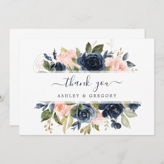 Bloemen Blush Roze & Navy Lijst Elegant Bedankkaart (Voorkant / Achterkant)
