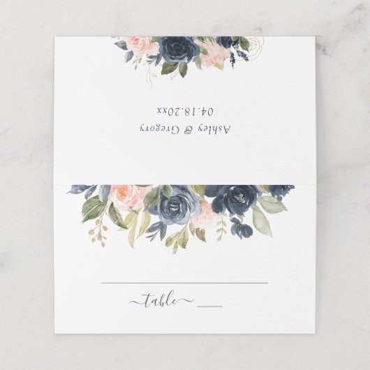 Bloemen Blush Roze & Navy Lijst Elegante bruiloft Plaatskaartje (Buitenkant ongevouwen)