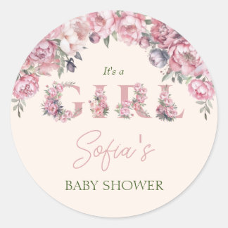 Bloemen Blush Roze Pioenen Meisje Baby shower Ronde Sticker