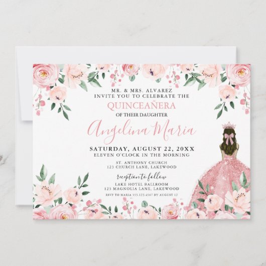Bloemen Blush Roze Quinceanera Uitnodiging (Voorkant)