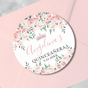 Bloemen Blush Roze Quinceañera Verjaardagsfeestje Ronde Sticker