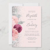 Bloemen Blush Roze Zilver Bourgondië QR Code Huwel Kaart (Voorkant)