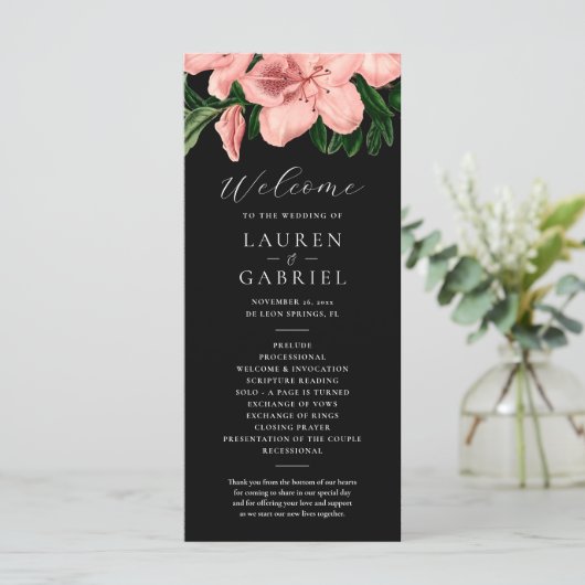 Bloemen Blush Roze Zwart Bruiloft Programma (Staand voorkant)