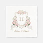 Bloemen Blush Rozen Groen Crest Monogram Bruiloft Servet (Voorkant)