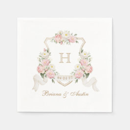 Bloemen Blush Rozen Groen Crest Monogram Bruiloft Servet